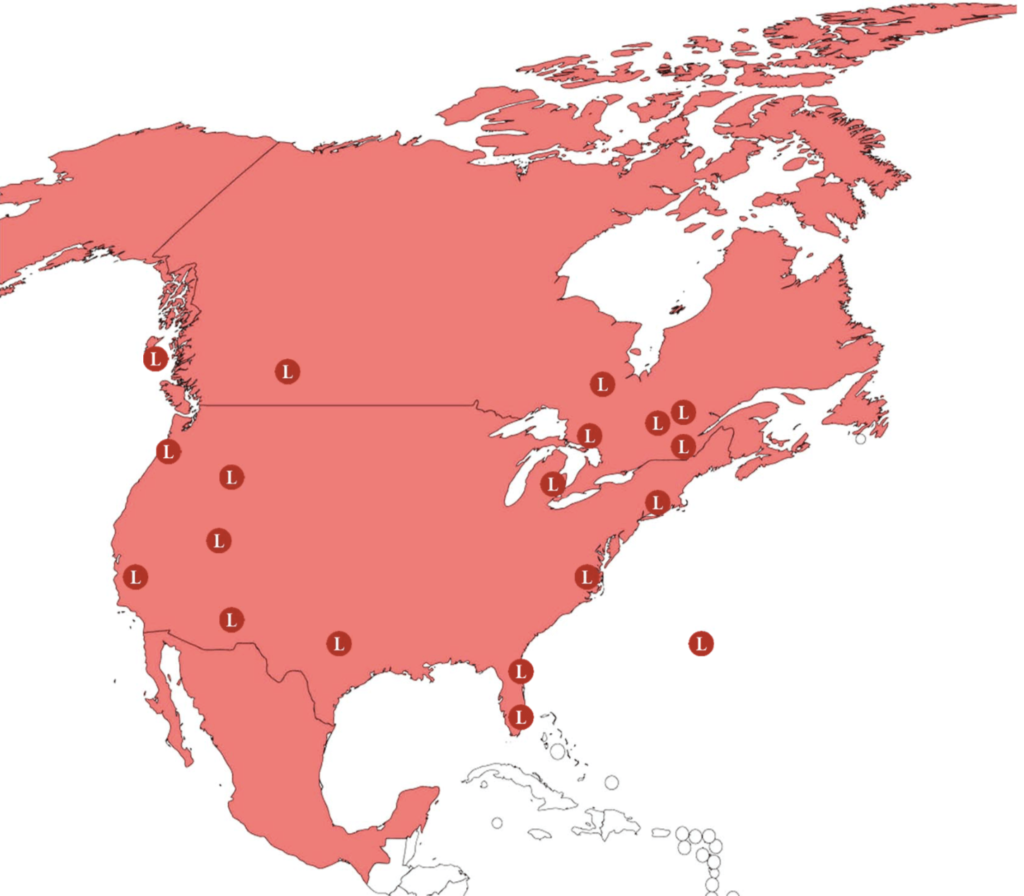 Map of North America with client pin points throughout