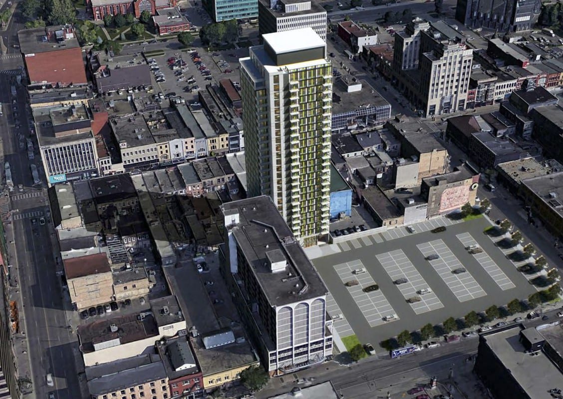 Artist's rendering shows the tower, now under construction, at 195 Dundas St. in downtown London. Located near the Clarence Street intersection along Dundas Place, the site was once home to the London Mews shopping plaza